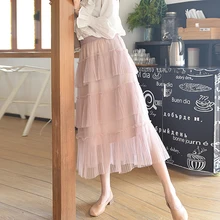 Милые юбки женская летняя с высокой талией длинная гофрированный с сеткой юбка Harajuku плюс размер Корейская розовая миди юбка куртка femme