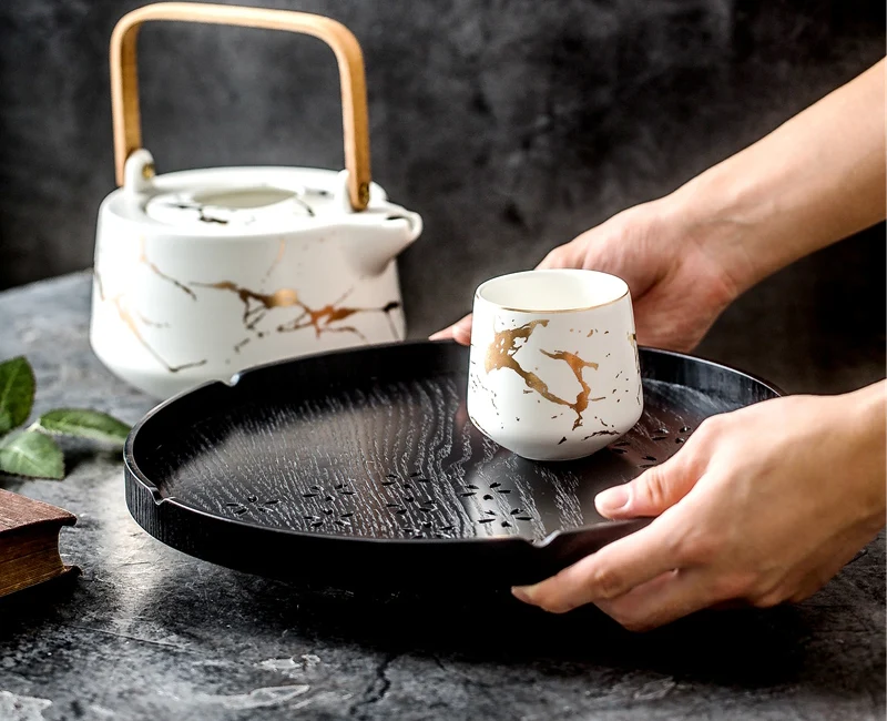 Black Round Wooden Tray Coffee Breakfast Serving Platter Dishes Fruit Plate Vintage Puer Tea Tray Teaware (4)