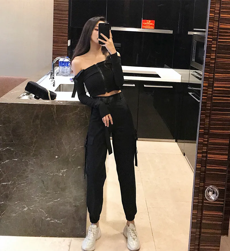 2019 New Women Set Loose High Waist Trousers + Suspenders T-shirt Slash Shoulder Two Pieces Overalls Suits Fashion Pocket Pants (1)