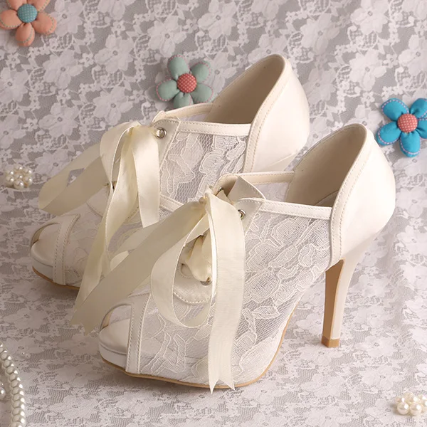 

Wedopus Lace-Up High Heels Lace Ivory Peep Toe Bridal Shoes Wedding