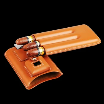 

High-end Solid Nubuck Gadget Excellent Brown Leather with Lighter&Cutter Portable 3 Holder Cigar Case Cigar Tube W/ Gift Box