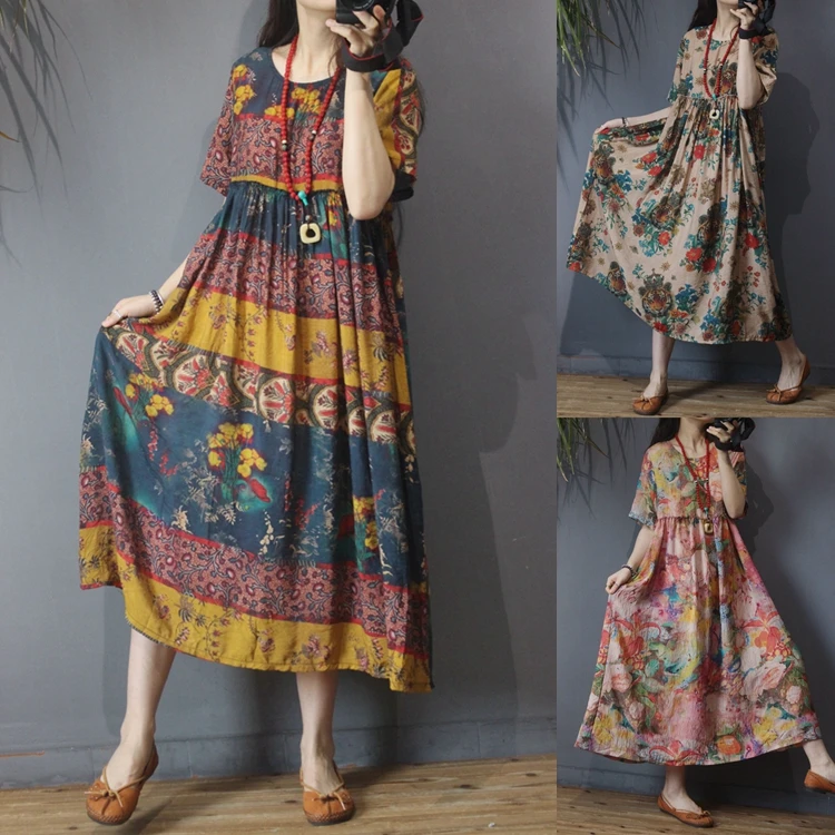 

Summer New Arrivals Women Casual Loose Plus Size Vintage National Trend Floral Print Vacation O-neck Silken Linen Long Dresses