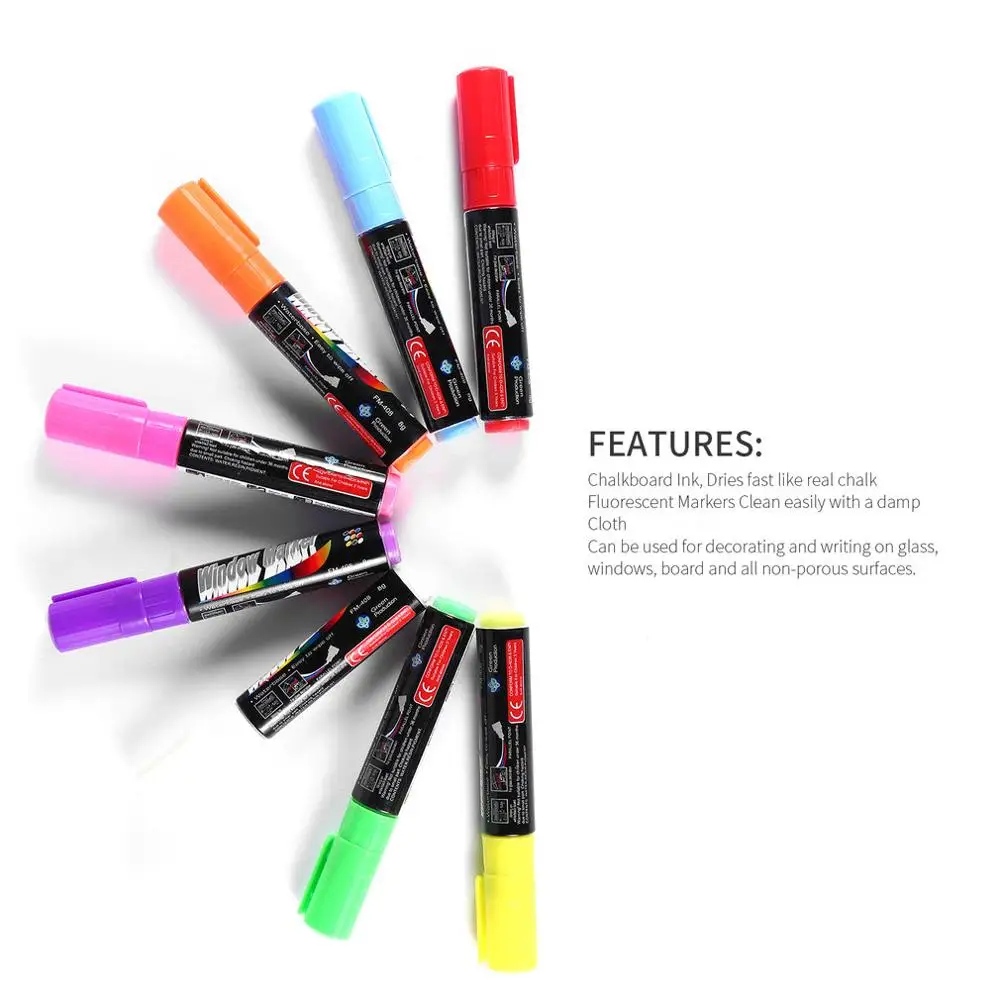 8 Colors/box 6/8/10mm Highlighter Fluorescent Liquid Chalk Marker Pen for LED Writing Menu Board Glass Window Sign