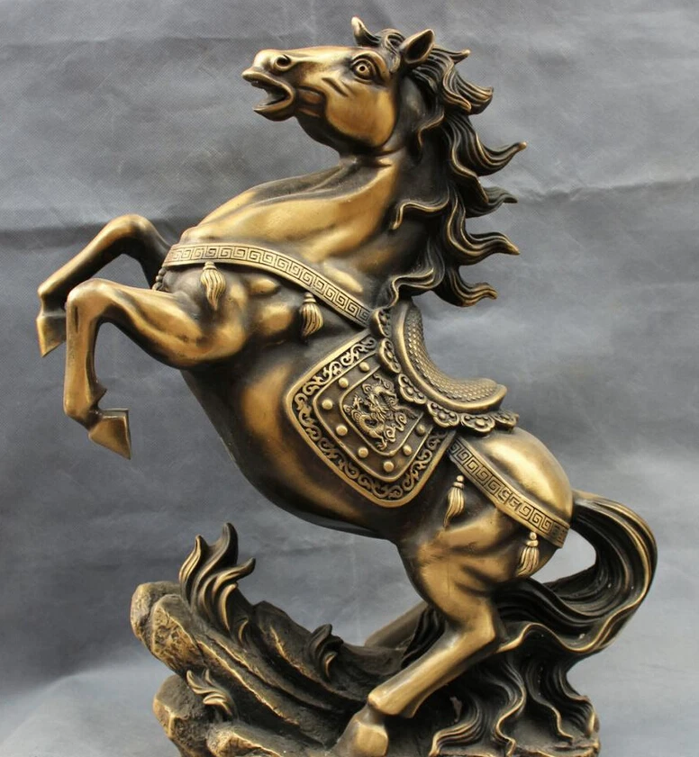 

Collectible bronze S1413 18" Chinese Bronze Carved Dragon Head Year Zodiac Folk Run Horse Up Leg Statue B0403