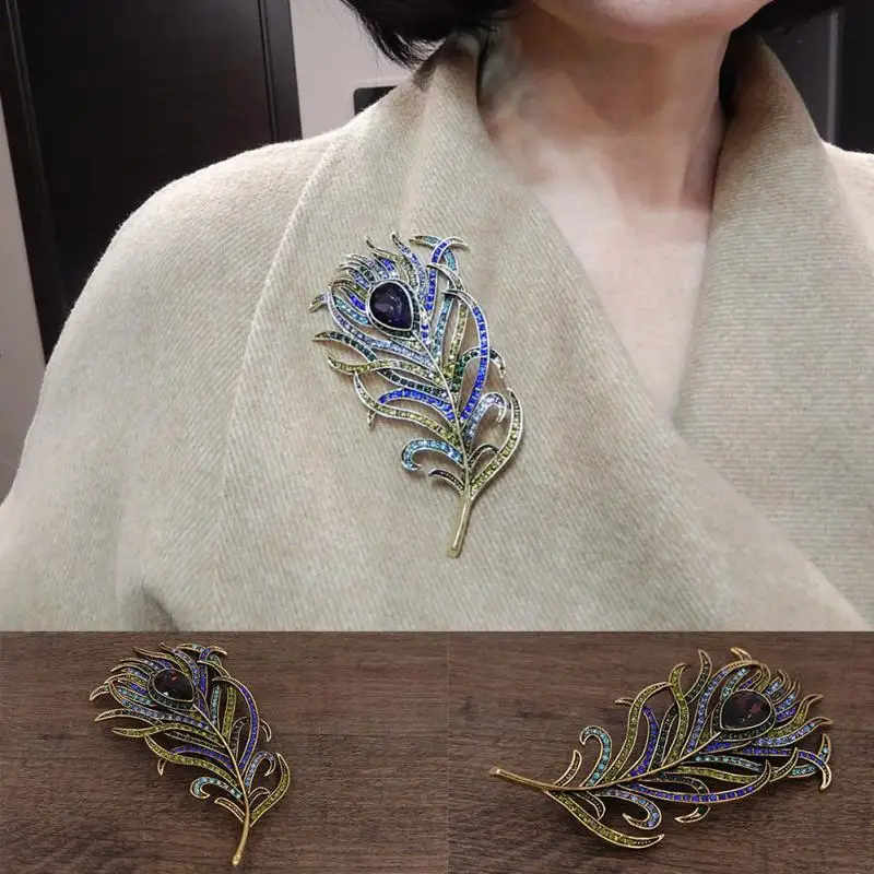 

2018 New Arrival Large Women Vintage Feather Bronze Brooch Pin Antique Gold Crystal Rhinestone Metal Jewelry Accessory