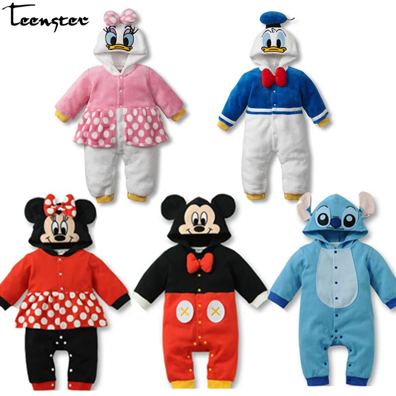 

Baby Girl Clothes Spring Long Sleeve Rompers Cartoon Mouse Duck Printed Infant Boy Hooded Costume Cotton Newborn Funny Outfit