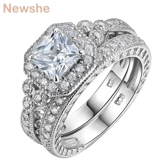 newshe genuine 925 sterling silver halo wedding ring set engagement band 12 ct aaa princess cz fashion jewelry for women jr4970 - Halo Wedding Ring Set newshe genuine 925 sterling silver halo wedding ring set engagement band 12 ct aaa princess cz fashion jewelry for women jr4970 - Halo Wedding Ring Set