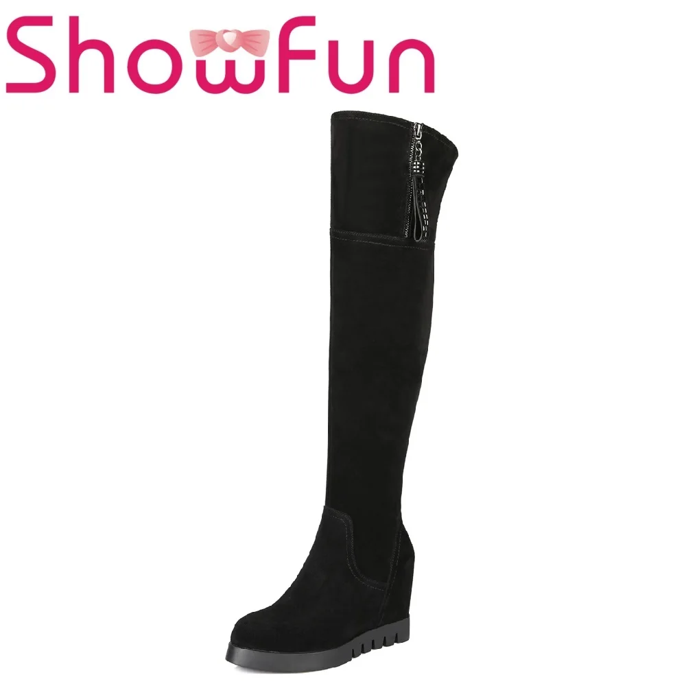 

Showfun genuine leather shoes woman over-the-knee winter round toe solid zipper wedges snow boots