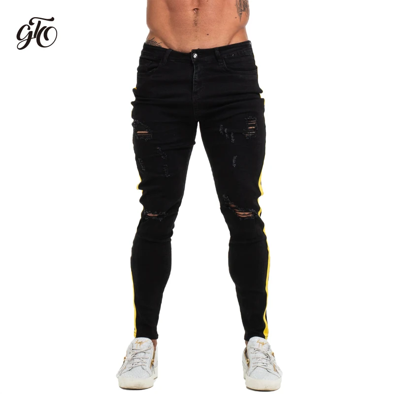 Skinny Jeans Men Yellow Stripe Mens Skinny Biker Jeans Denim Super Spray on Factory Direct Supply Dropshipping Big Size zm68