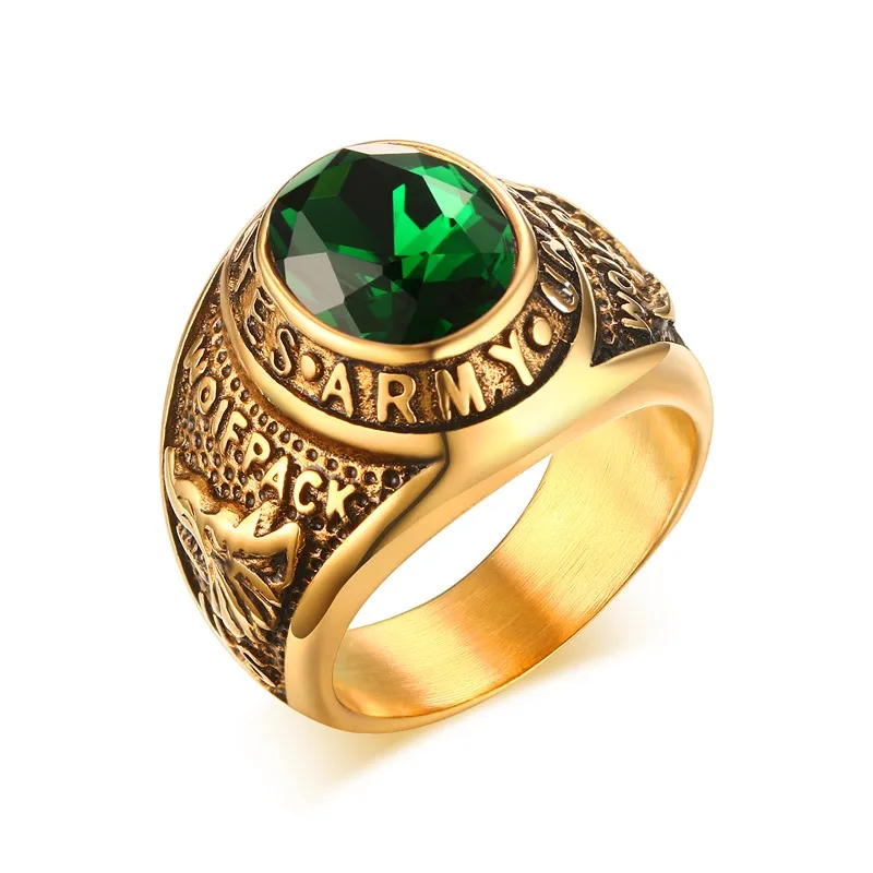 

Mprainbow US Army Gold Overlay Mens Ring Simulated Emerald Green Cubic Zirconia Men's Jewelry US Size 8-11