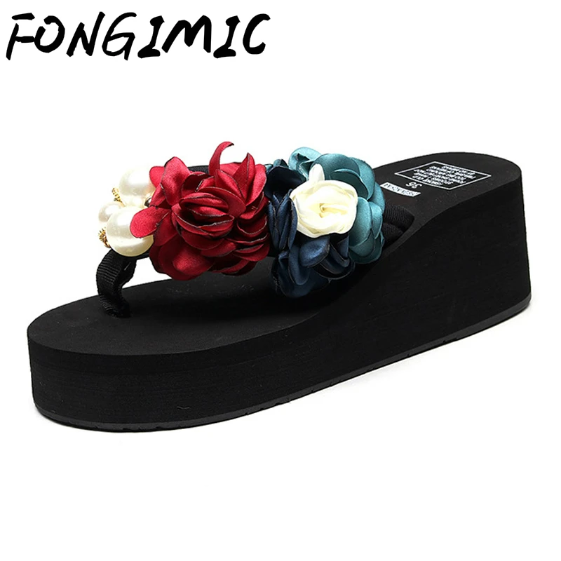 

Ladies Slippers Summer Flip Flop Flowers decoration Female Flip flops High heels EVA Flip flops Bohemia Beach Slippers Shoes