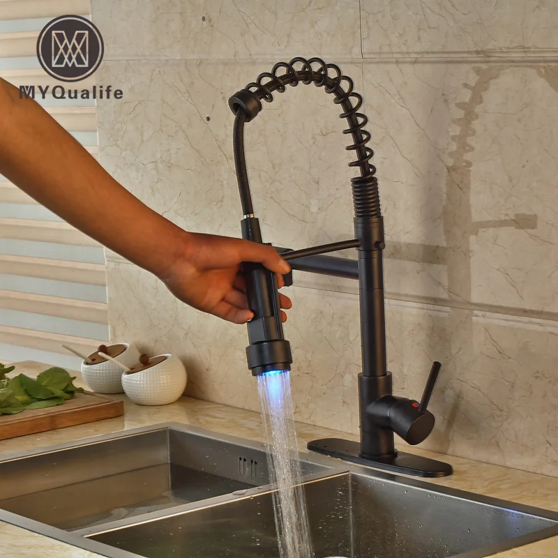 

Deck Mounted LED Light Two Spout Pull Down Spring Kitchen Faucet Single Handle Hot and Cold Water Mixer Taps