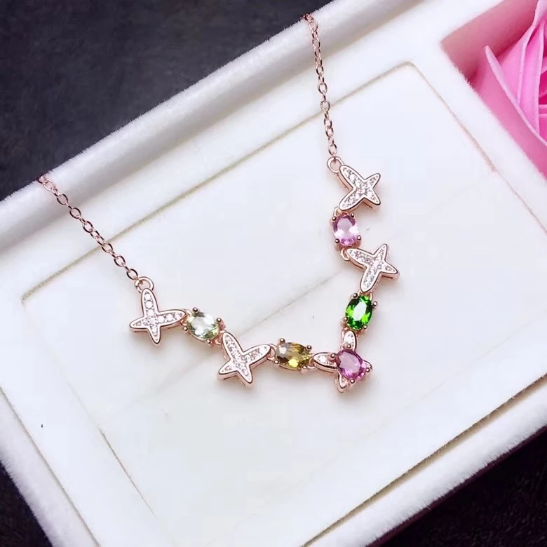 

Elegant delicate geometry natural Multicolor tourmaline necklace natural gemstone pendant necklace S925 silver girl gift jewelry
