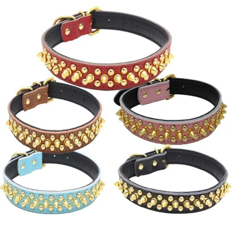 Leather Gold Rivet Pet Collar Dog Chain Gold Accessories Lychee Grain