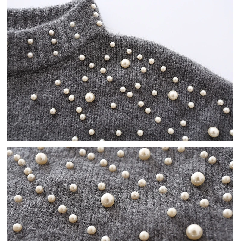 2019 Autumn Winter New Round Neck Pullover Loose Sweater Women's Pearl Decorative Sweater Lantern Sleeves Knitted Tops Wine Red 2019 Autumn Winter New Round Neck Pullover Loose Sweater Women's Pearl Decorative Sweater Lantern Sleeves Knitted Tops Wine Red