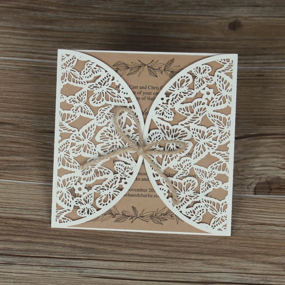  Rustic Wedding Invitation Butterfly Invitation Card With Hemp rope Customized wording - Set of 50 - 32889309183