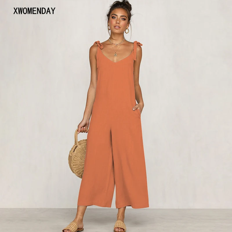 

Women Jumpsuit Long Pants 2019 Summer Sleeveless V Neck Wide Leg Jumpsuits Sexy Lace Up Straps Backless Elegant Rompers Clothes