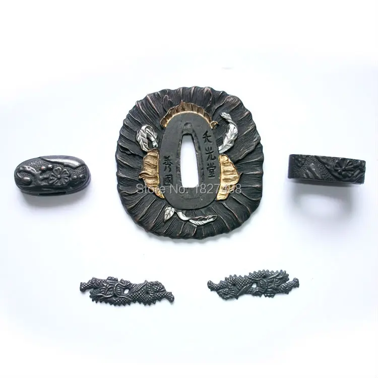 Японский самурайский меч TSUBA Катана сплав фитинги-TSUBA+ FUCHI+ KASHIRA+ MENUKI