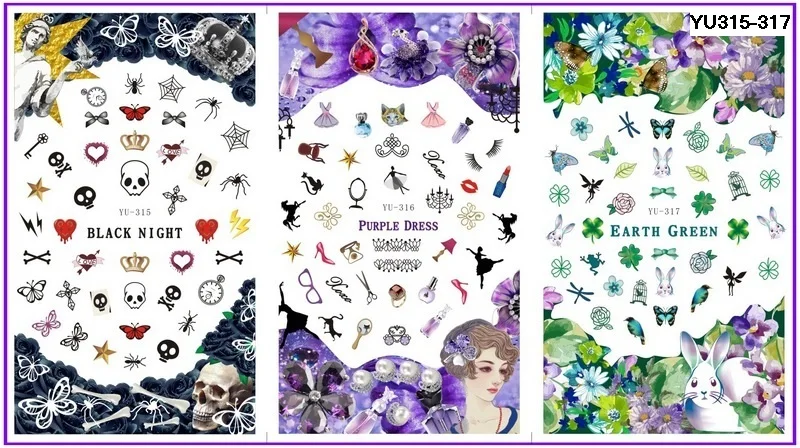 Beauty & Health Stickers & Decals 3 Pack/ Lot Water Transfer Decal Nail Art Nail Sticker Black Night Purple Dress Green Earth Yu315-317 An Enriches And Nutrient For The Liver And Kidney