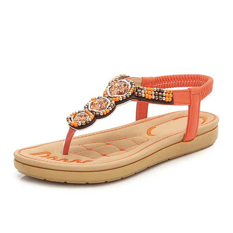 HOVINGE/богемные сандалии с эластичным ремешком; модная обувь; женские пляжные вьетнамки; сандалии; повседневная обувь с бисером; цвет черный, оранжевый - Цвет: Оранжевый