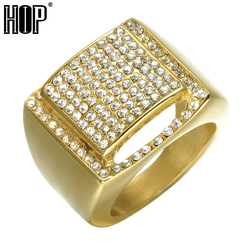 

HIP Bling Gold Color Crystal Wedding Ring Iced Out Stainless Steel Rings For Men Hip Hop Jewelry US Size 8-13