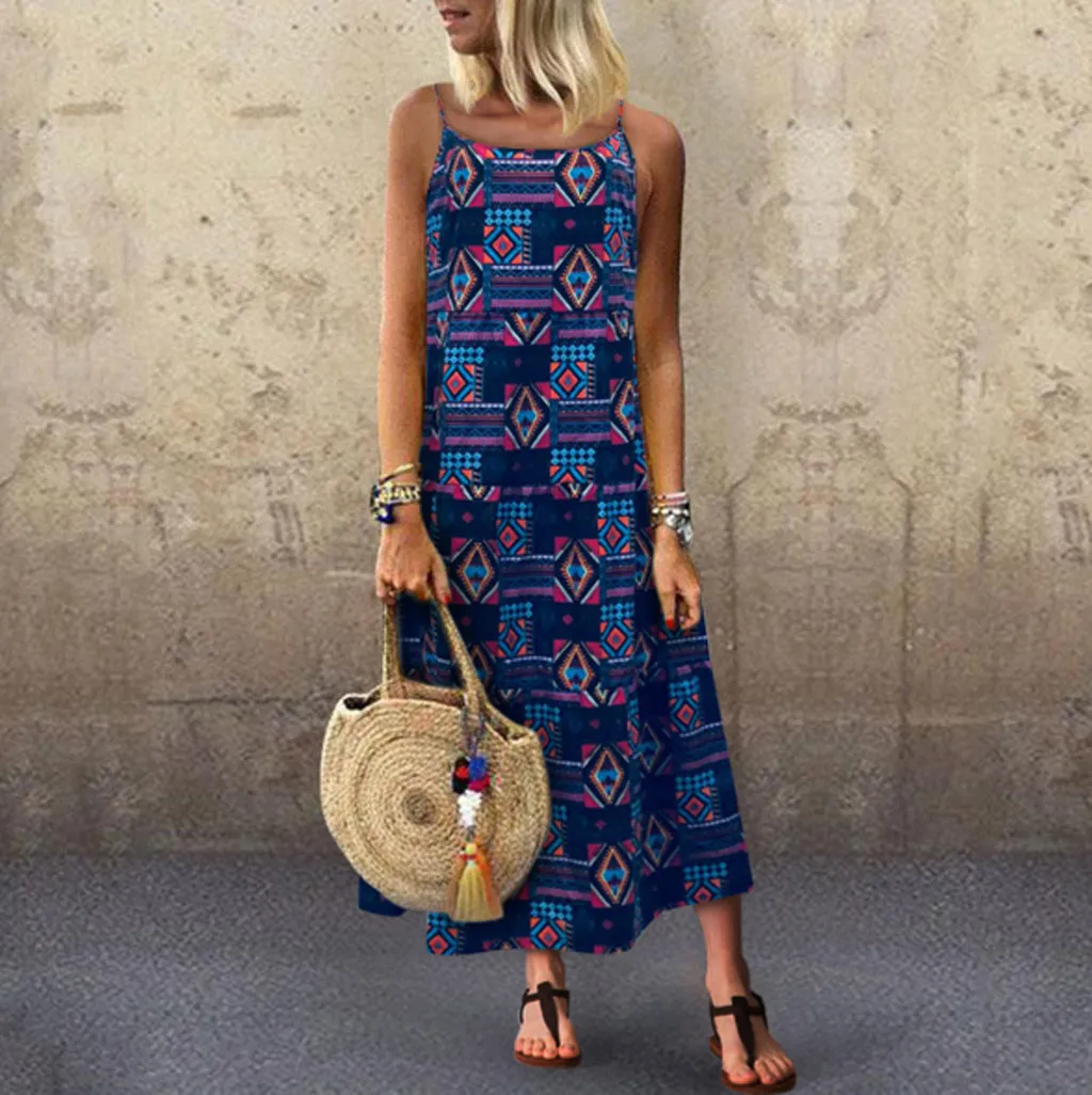 feitong Women Loose Strappy Print Retro Long Maxi Party Dresses summer dress dresses woman party night summer beach dress feitong Women Loose Strappy Print Retro Long Maxi Party Dresses summer dress dresses woman party night summer beach dress