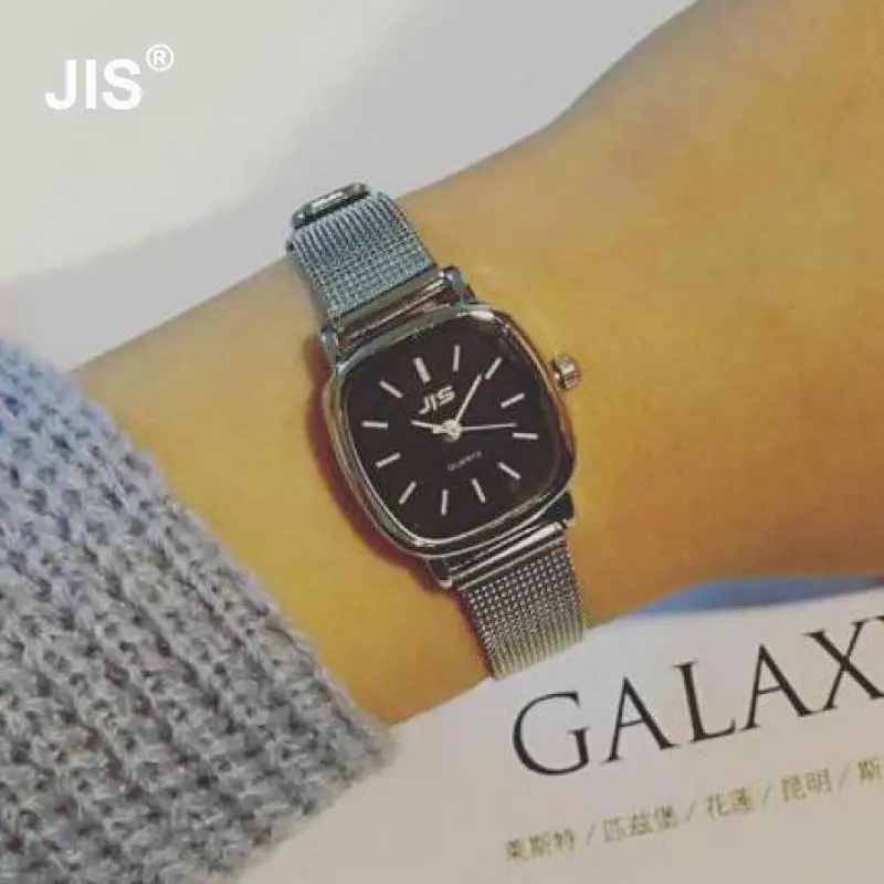 

Luxury Silver JIS Brand Square Dial Wrist Watch Small Steel Web Strap Quartz Wristwatches for Women Ladies Female