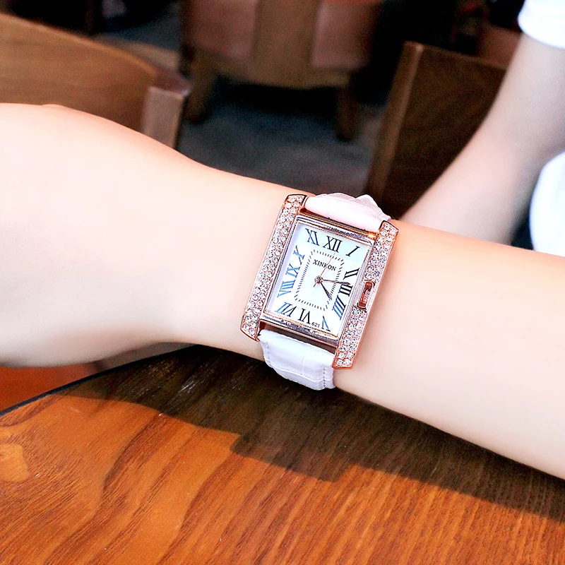 

High Quality Leather Watch Women Ladies Fashion Dress Quartz Mosaic Diamond Wristwatches Retro Roman Numerals Watches