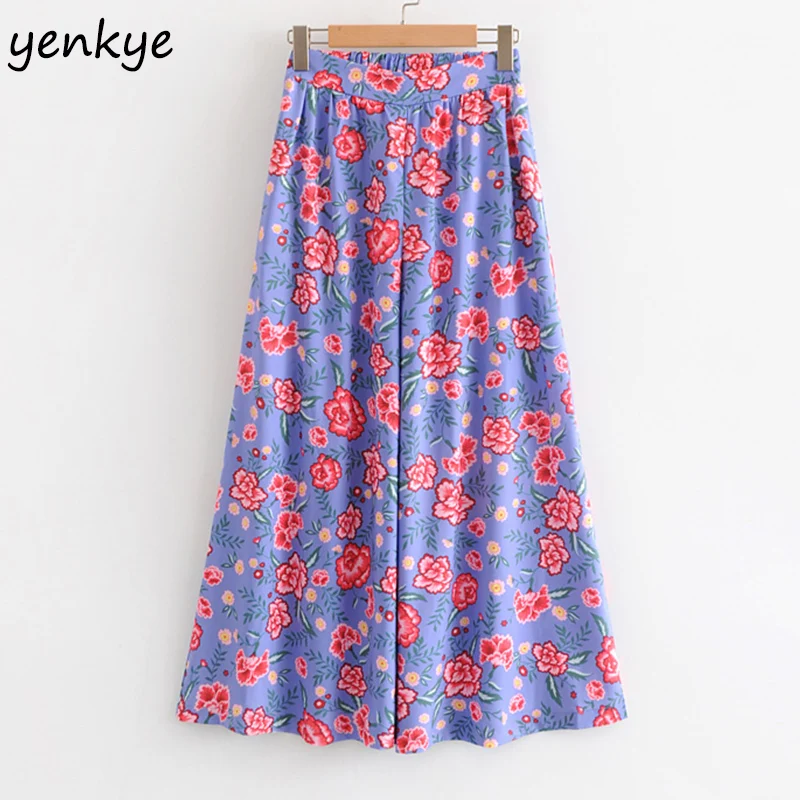2019 Women Floral Print Wide Leg Pants Female Elastic High