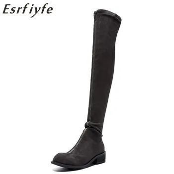 

ESRFIYFE 2018 Ladies Shoes Square Low Heel Women Over The Knee Boots Scrub Black Round Toe Woman Zip Motorcycle Boots Size 34-43