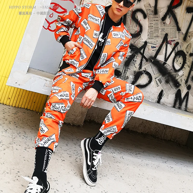 

M-6XL!!Orange monogrammed baseball suit with hip hop hip hop country hipster jacket baggy jacket nightclub chic.