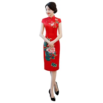 

Shanghai Story Faux Silk Flower Print Cheongsam Dress Short Sleeve Knee Length Qipao Chinese Traditional Dress For Woman