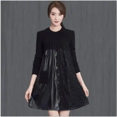 Платье размера плюс, Осеннее Европейское зимнее женское платье-свитер из искусственной кожи, кружевное платье с длинным рукавом, Черное Платье До Колена - Цвет: Single pocket