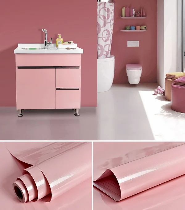 3M Glossy DIY Adhesive Vinyl Film Furniture Renovation Stickers Kitchen Cabinet Contact Paper Waterproof Self adhesive Wallpaper - Цвет: Pink
