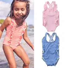 Детский летний купальный костюм в полоску для маленьких девочек, без рукавов, оборчатый костюм пляжный костюм