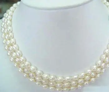 

Fashion 3Rows 6-7mm White akoya cultured pearl Rice Beads necklace