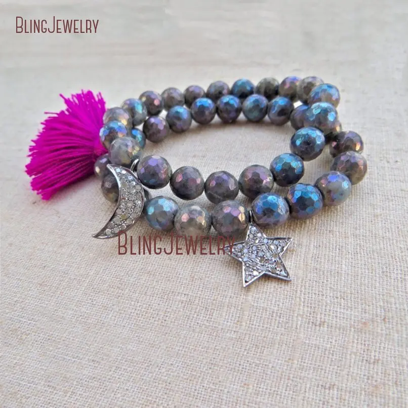 20181108-SE19288-Angel Aura Black Labradorite Bracelet Set Cotton Tassel Clear Zircon Micro Pave Micro Pave Gun Black Plated Faceted Bracelet Set