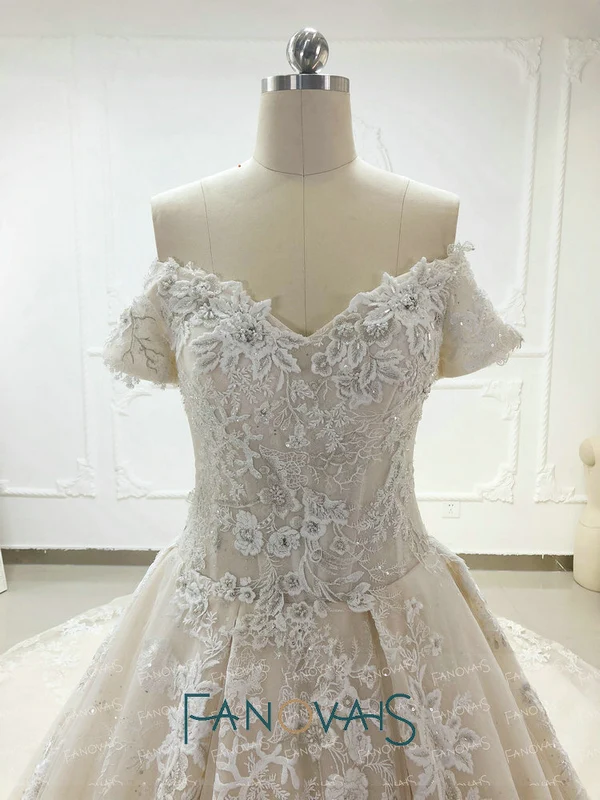 &quotШампанское свадебные платья с плеча рукава бальные длинным поездом Vestido De Novia