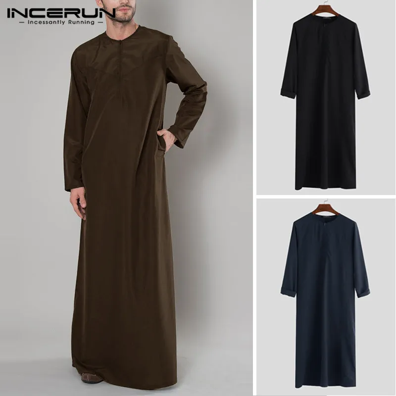 

INCERUN Muslim Men's Arabian Islamic Long Sleeve Solid Color Long Robe Saudi Arabia Middle Eastern 2019 Robe Men Jubba Thobe 5XL