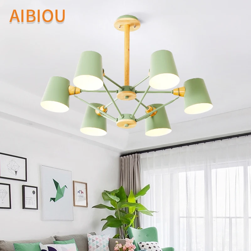 

AIBIOU Modern Chandelier Lighting With Iron Lampshade For Living Room Bedroom Wooden E27 Chandeliers Colorful Hanging Light