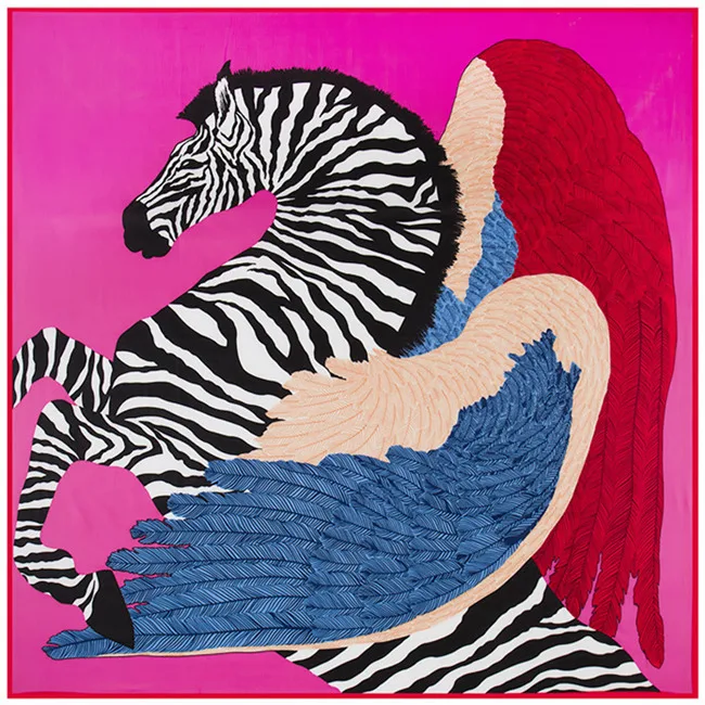 Lady's Gift 130*130cm Pure Silk Euro Brand Style Women Zebra Horse and Wings Feather Silk Square Scarf Femal Fashion Shawls - Цвет: rose red