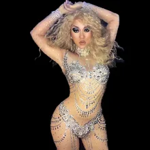 Женский наряд боди с бриллиантами для празднования вечеринок Одежда в стиле кэжуал Блестящий Комбинезон со стразами костюм шикарные большие камни комбинезон Клубная одежда