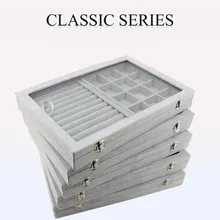 Большие бархатные серый чехол для переноски со стеклянной крышкой Ювелирное кольцо Дисплей Коробка лоток держатель коробка для хранения Органайзер серьги кольцо браслет