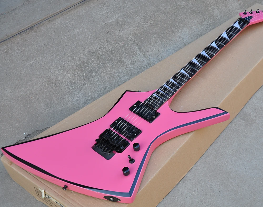 

Factory pink unusual shape electric guitar, black hardware, mahogany fingerboard, high quality, custom