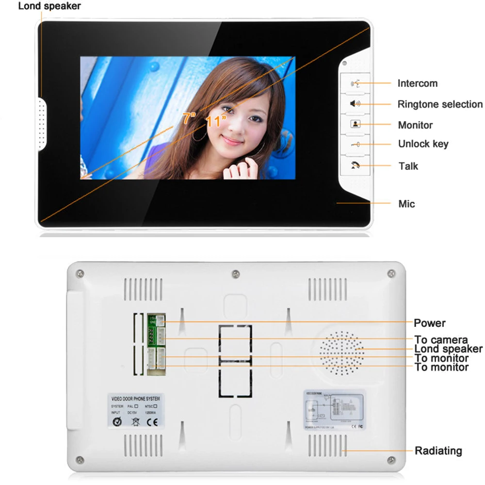 SY813MKB21&nbsp;7 inch Video Door Phone Doorbell Intercom Kit 2 camera 1 monitor