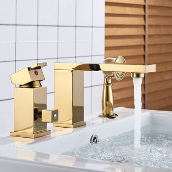 

Solid Brass Golden/Chrome/4 color Polish 3pcs Bathroom Faucet Vessel Sink Faucet Deck Mounted Mixer Tap Hot and Cold Water