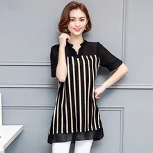 Women's Chiffon Blouse Summer 2019 New Fashion Striped Patchwork V-neck Short-sleeve Pullovers Loose Tops Shirt Female Black chiffon patchwork short sleeve blouse