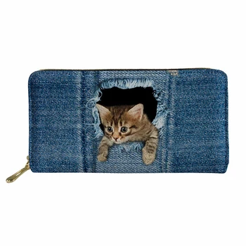 

Denim Animal Cat Printing Wallet Long Female Casual Zipper Cluth Phone Card Holder for Girls Kawaii Money Coin Bag