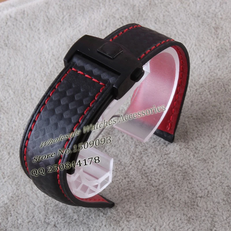 promotion Carbon Leather straps with silver stainless steel folding buckle deployment red stitched 20 22mm watchbands