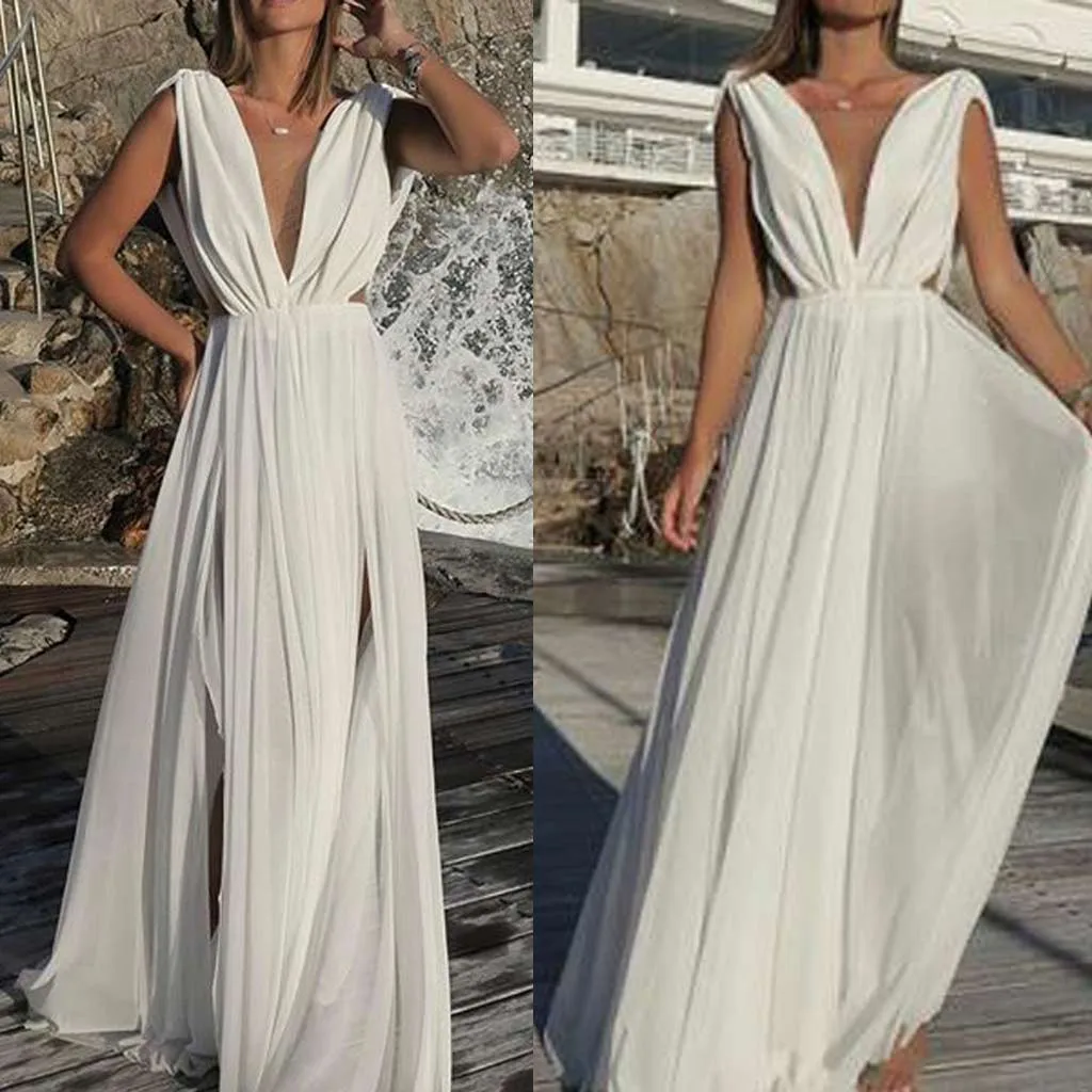 

feitong 2019 Hot Sale! Fashion Comfortable Women Sexy Chiffon White Dress Deep V-Neck Boho Long Party Elegant Gown Dress Vestido